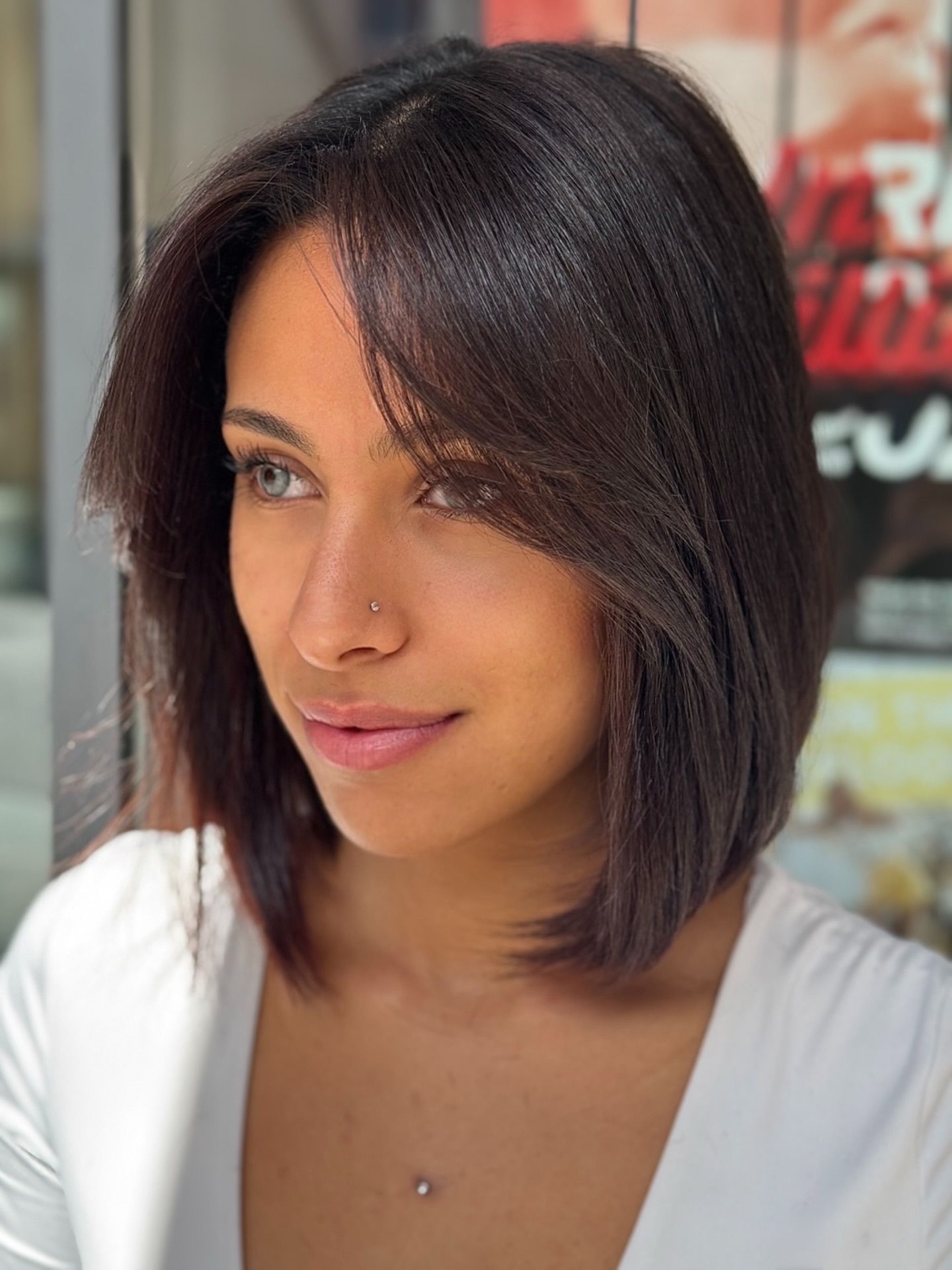 Polished Angled Lob with Face-Framing Feathered Fringe