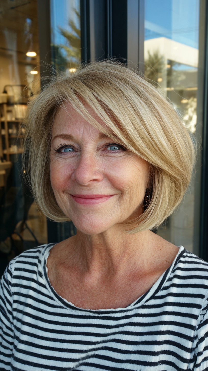 Rounded Blonde Stacked Bob with Long Side-Swept Fringe
