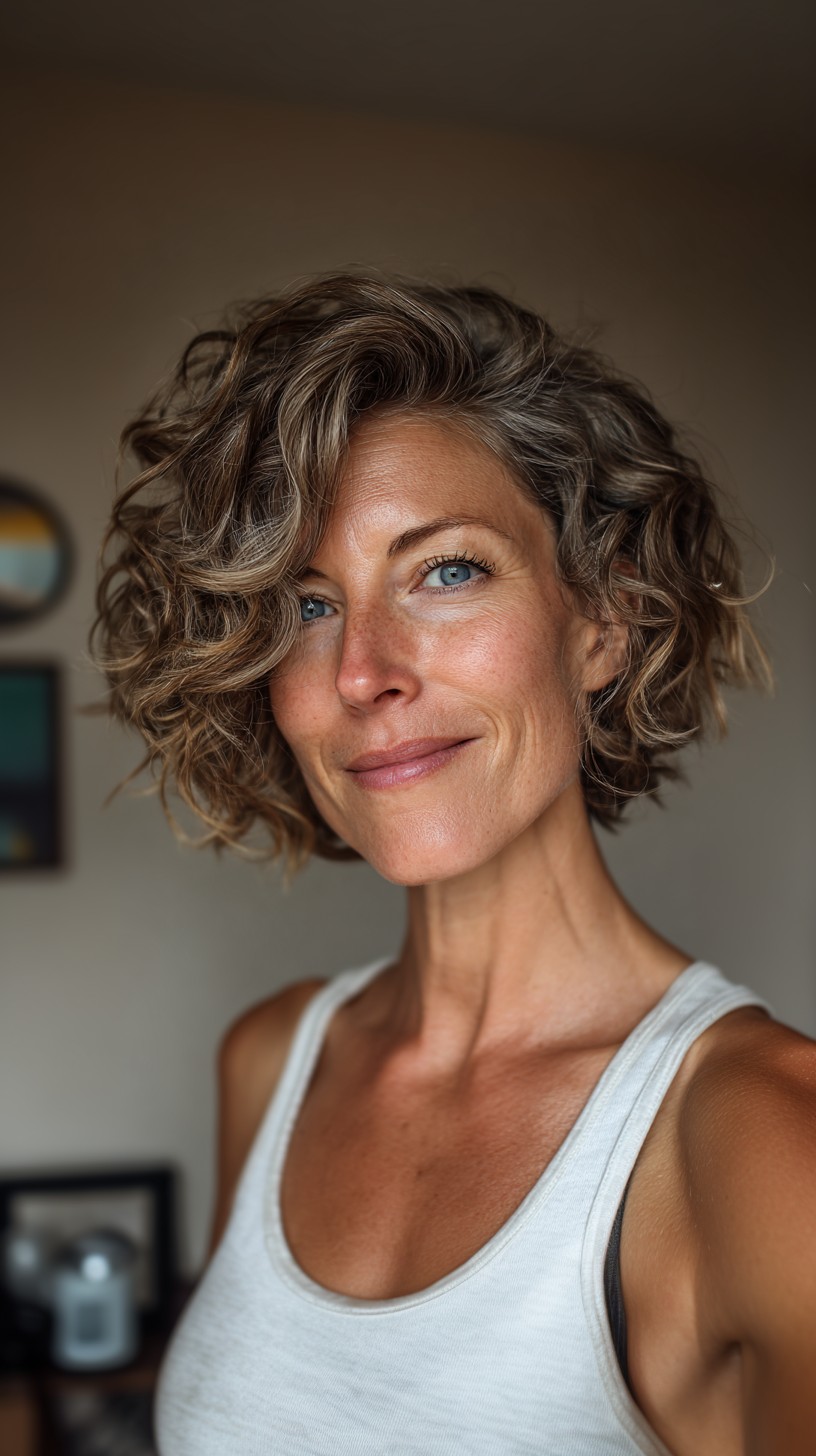 Salt-and-Pepper Choppy Curly Bob with Deep Side Part