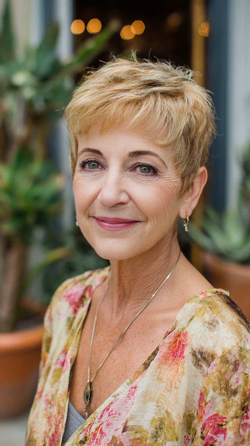 Short Blended Blonde Pixie with Textured Fringe