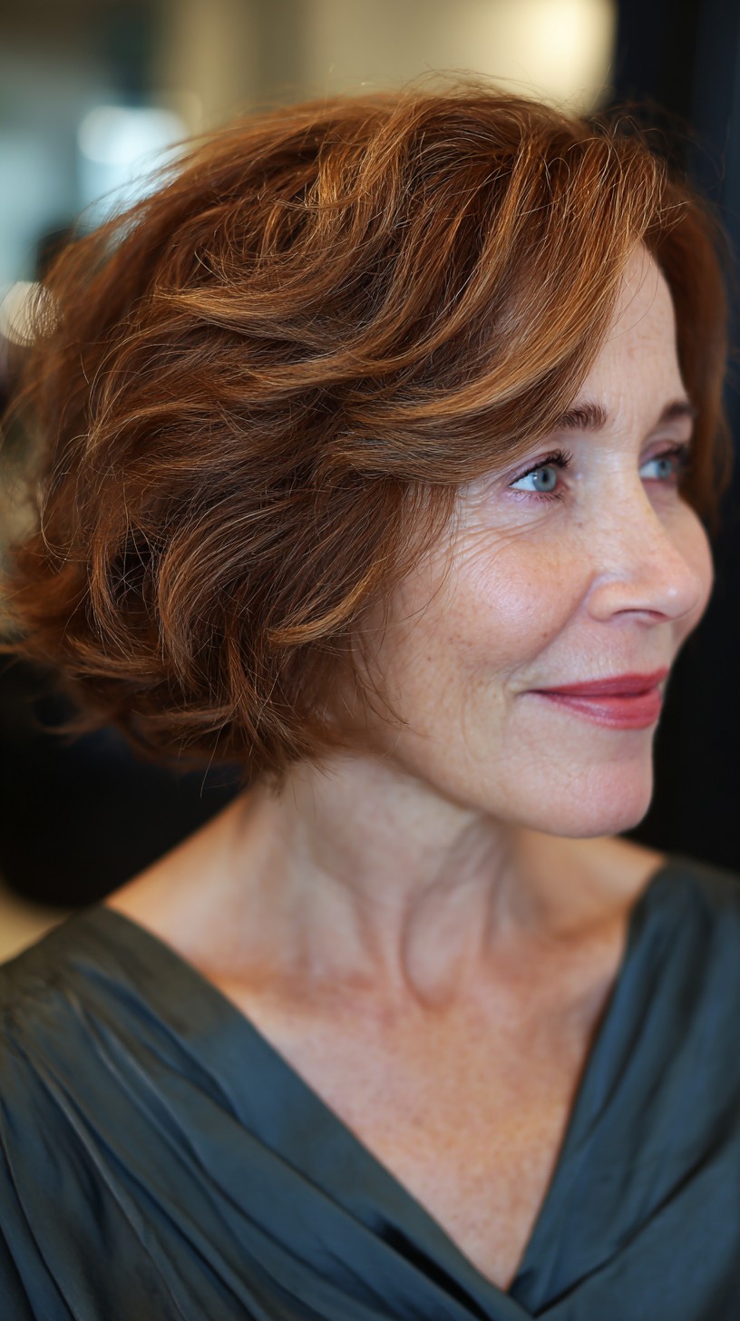 Short Layered Textured Copper Bob with Side-Swept Fringe
