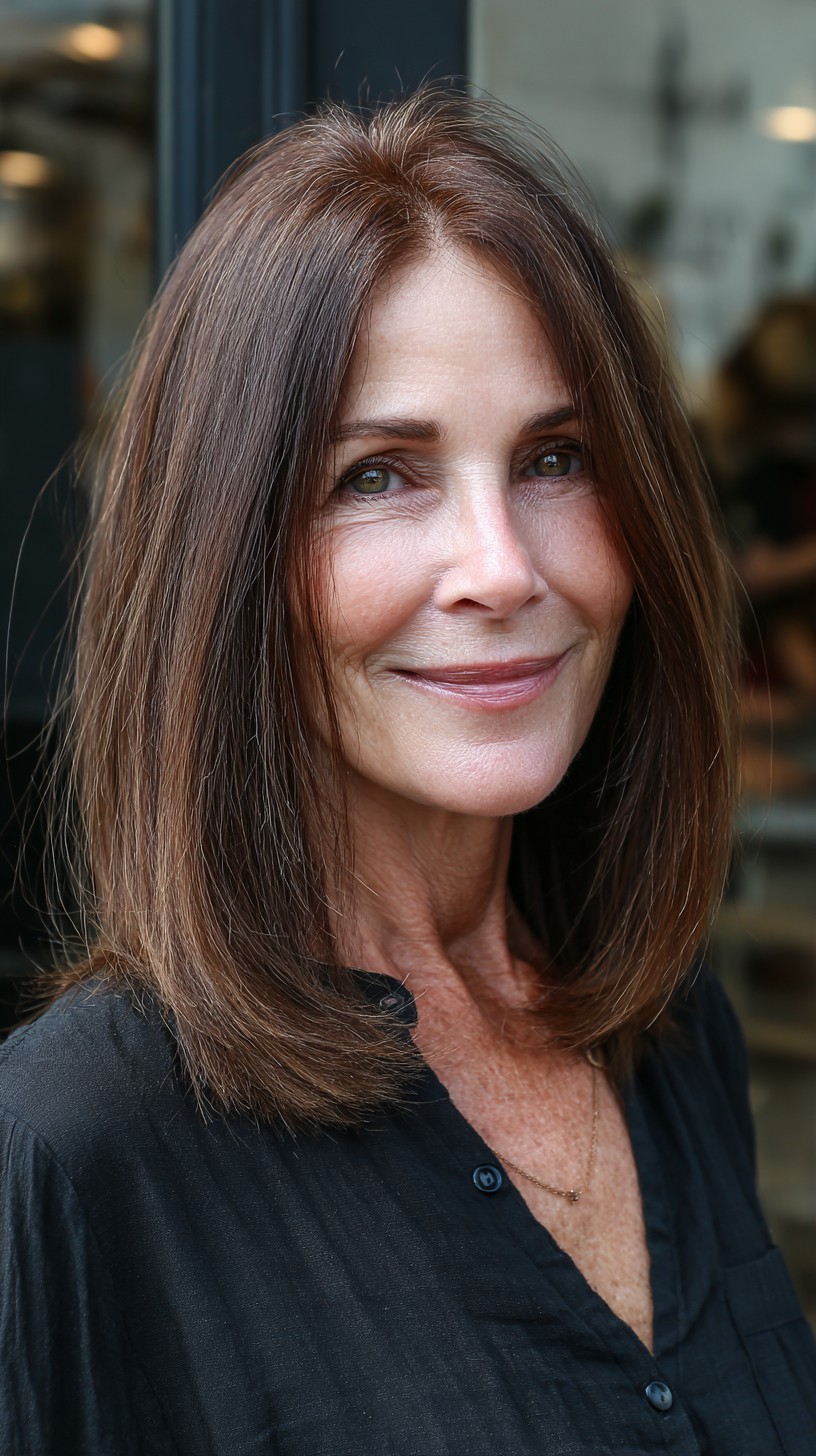 Sleek Chocolate Mid-Length Lob with Long Face-Framing Layers