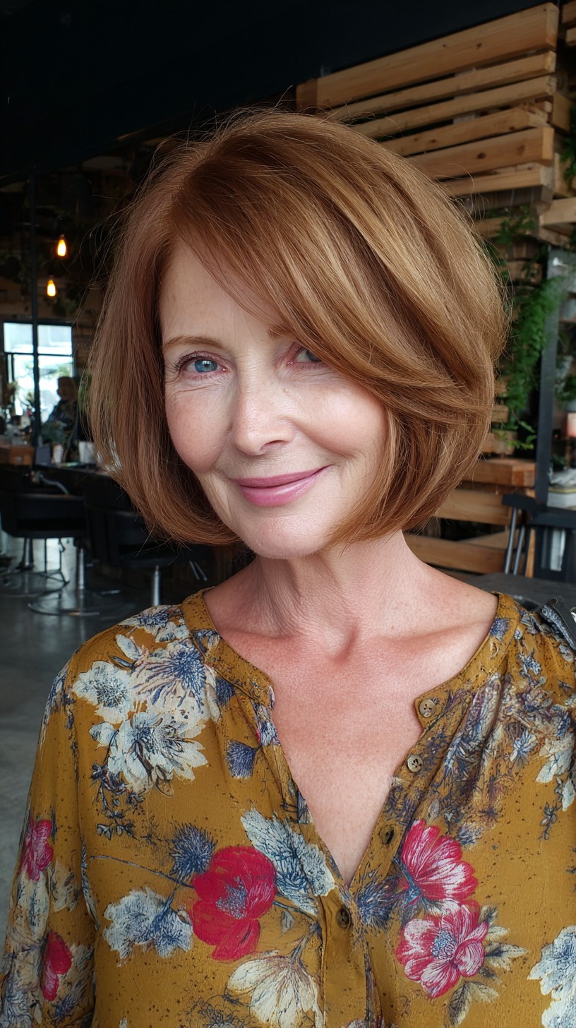 Soft Copper Stacked Bob with Side-Swept Fringe