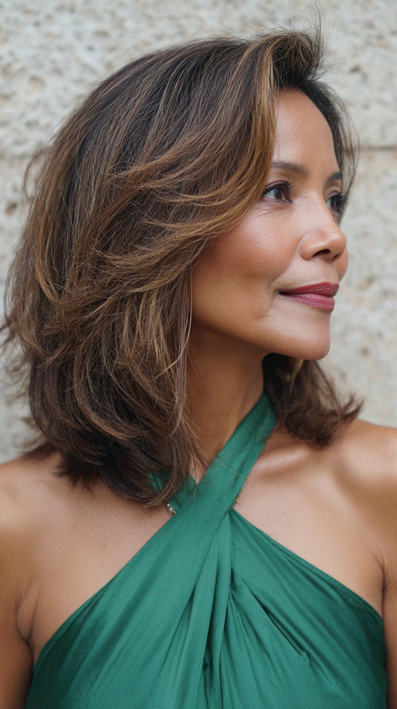 Soft Face-Framing Layered Lob with Warm Caramel Babylights
