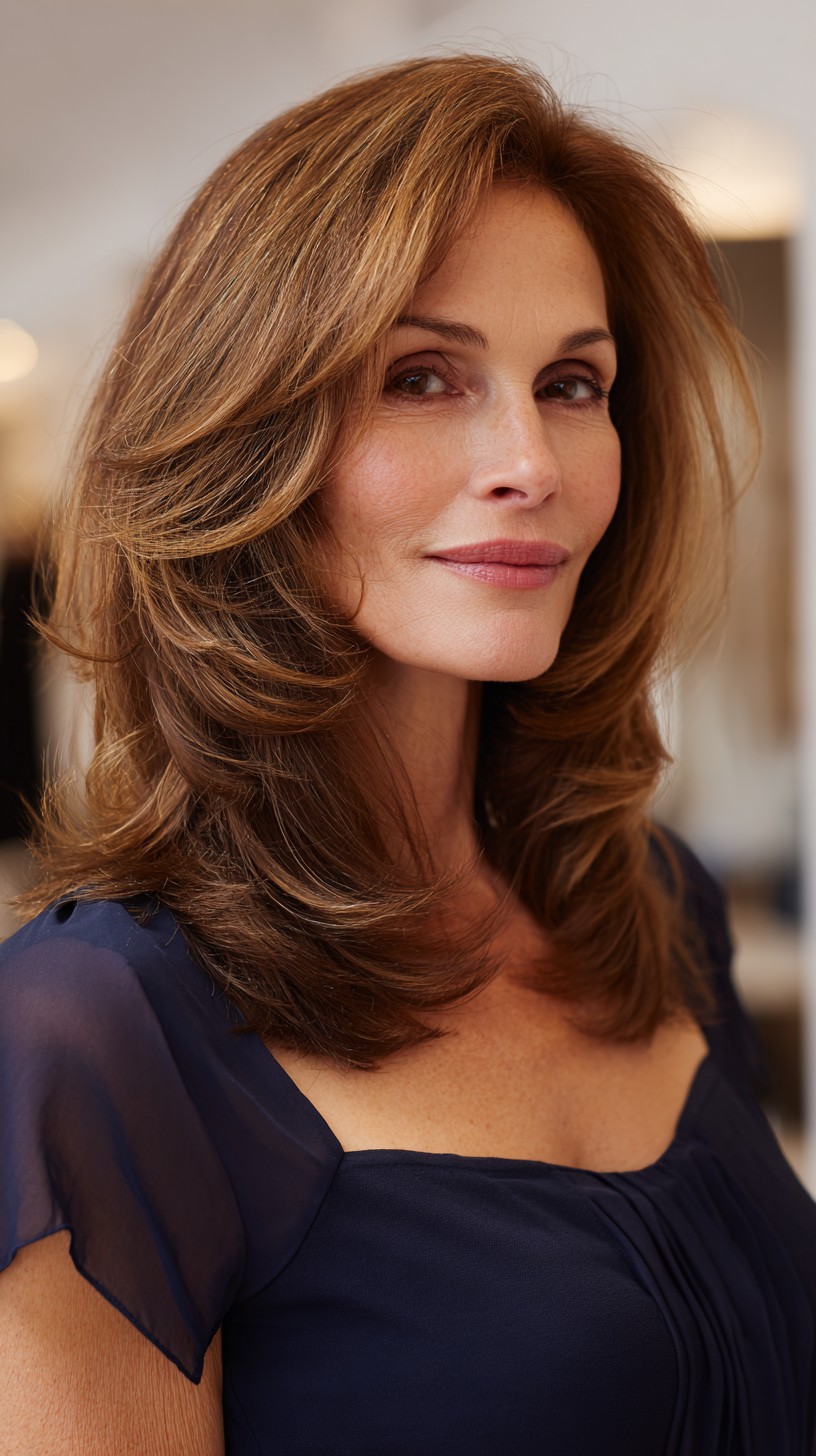 Soft Feathered Mid-Length Layers with Face-Framing Lowlights