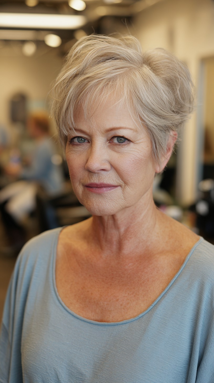 Soft Silver Textured Pixie with Side-Swept Fringe
