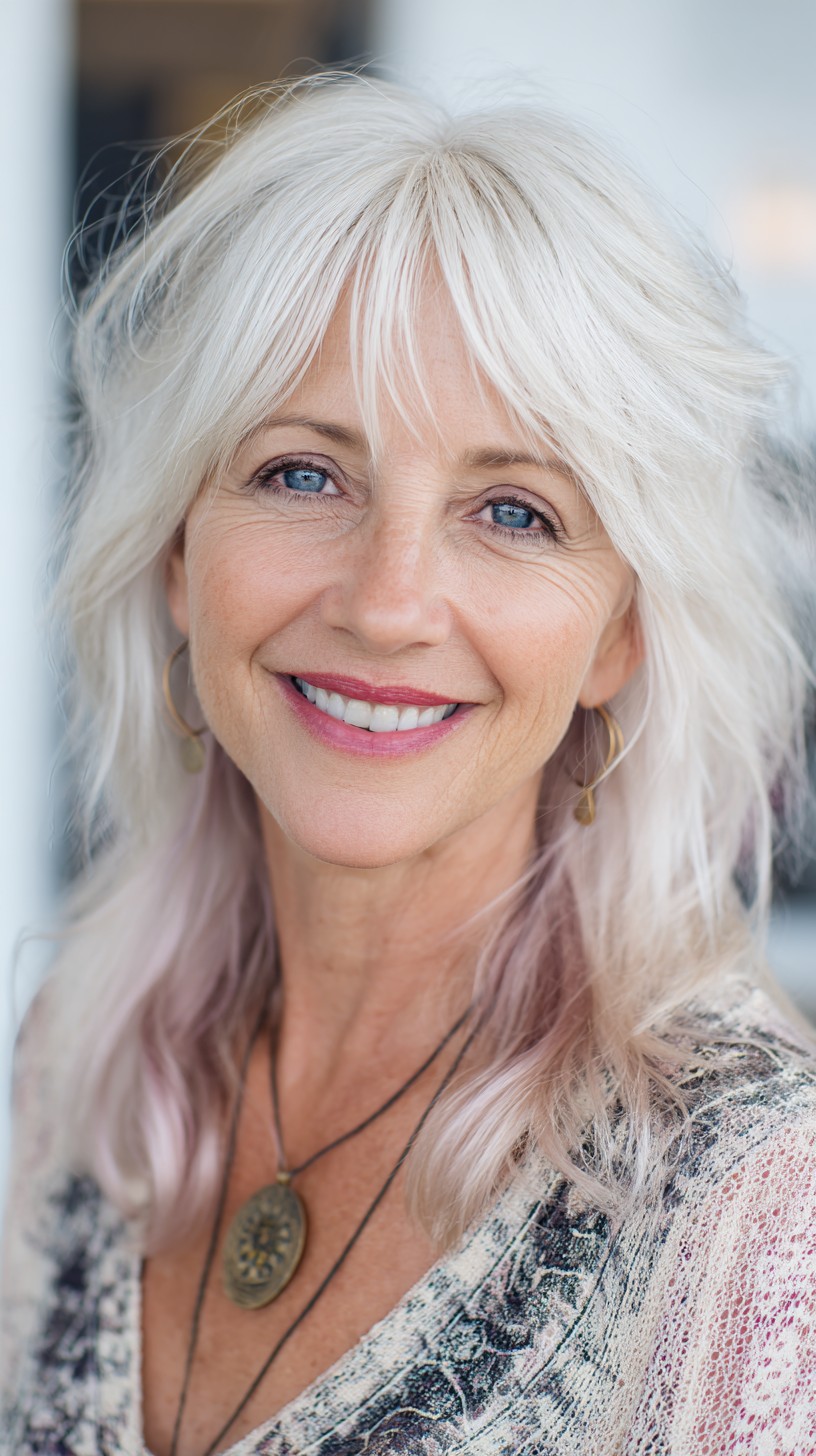 Soft White Shag with Pastel Underlights and Wispy Curtain Fringe