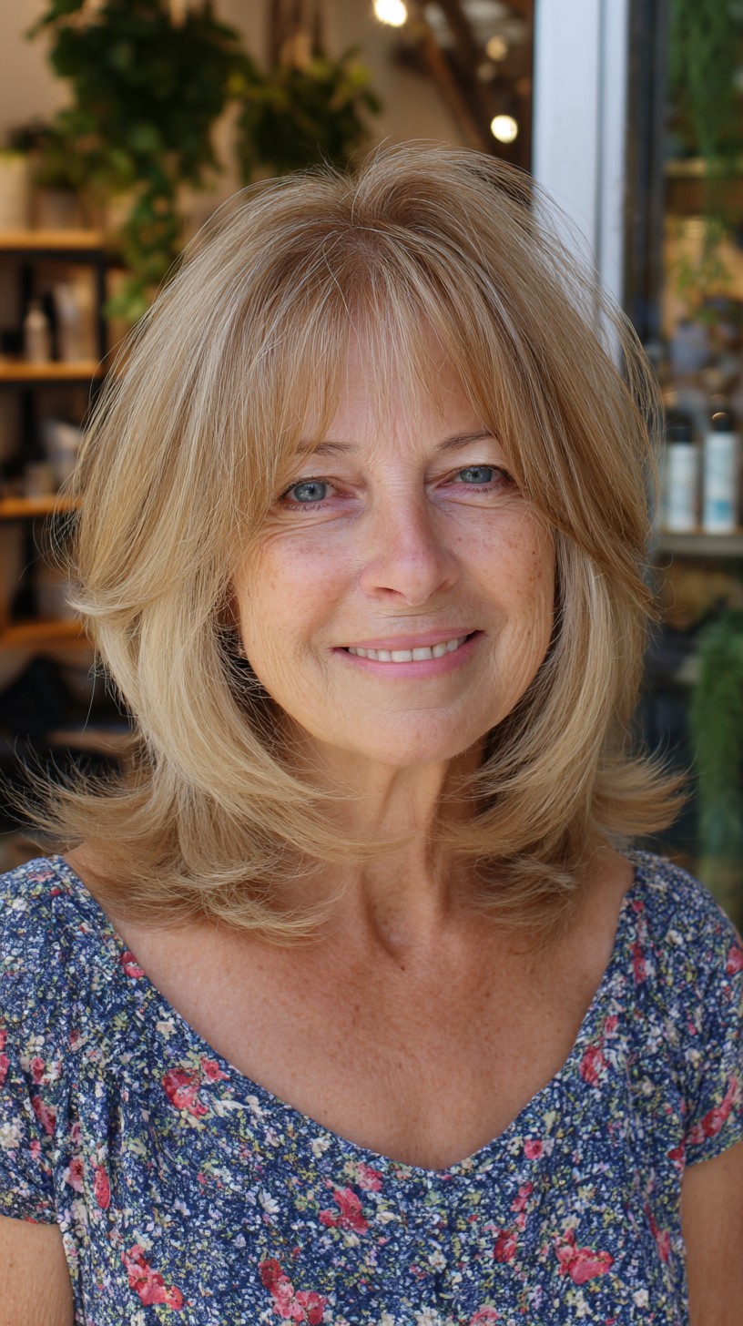 Sunlit Layered Shoulder-Length Shag with Curtain Fringe