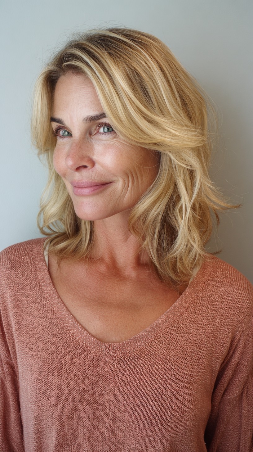 Sunlit Root-Smudged Layered Shoulder-Length with Curtain Face-Framing