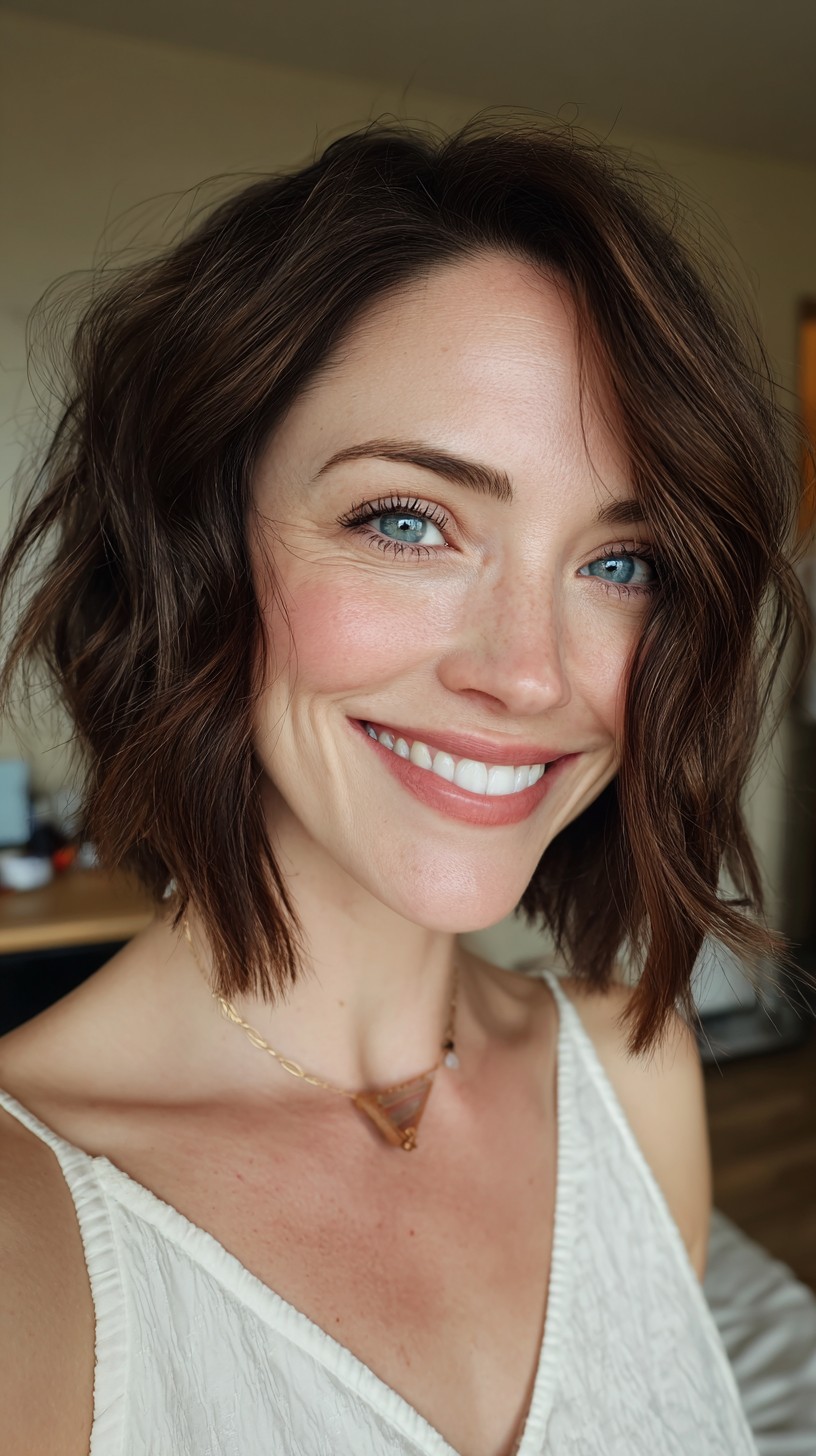 Textured Asymmetrical Chin-Length Bob with Deep Root Definition