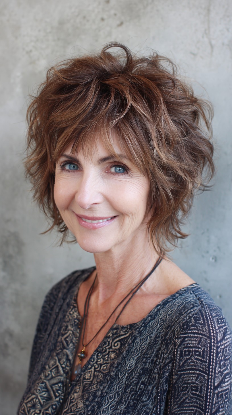 Textured Brunette Shag with Piecey Short Fringe and Crown Lift