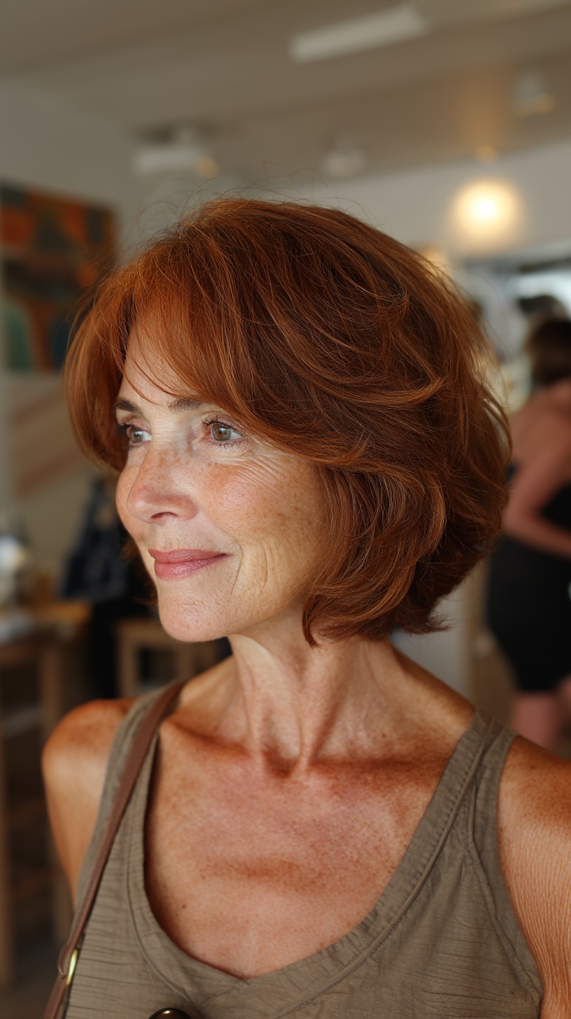 Textured Copper Layered Chin-Length Bob with Soft Curtain Fringe
