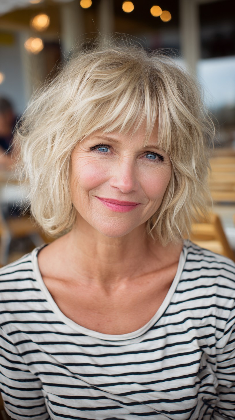 Textured Platinum Shag Bob with Short Feathered Fringe