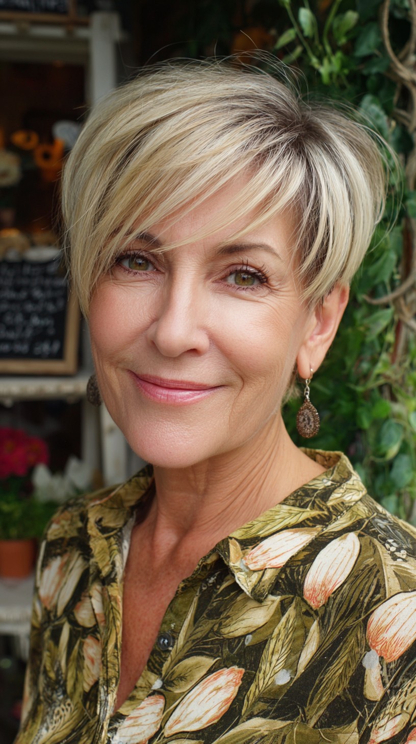Textured Short Pixie with Side-Swept Micro-Fringe and Root Depth