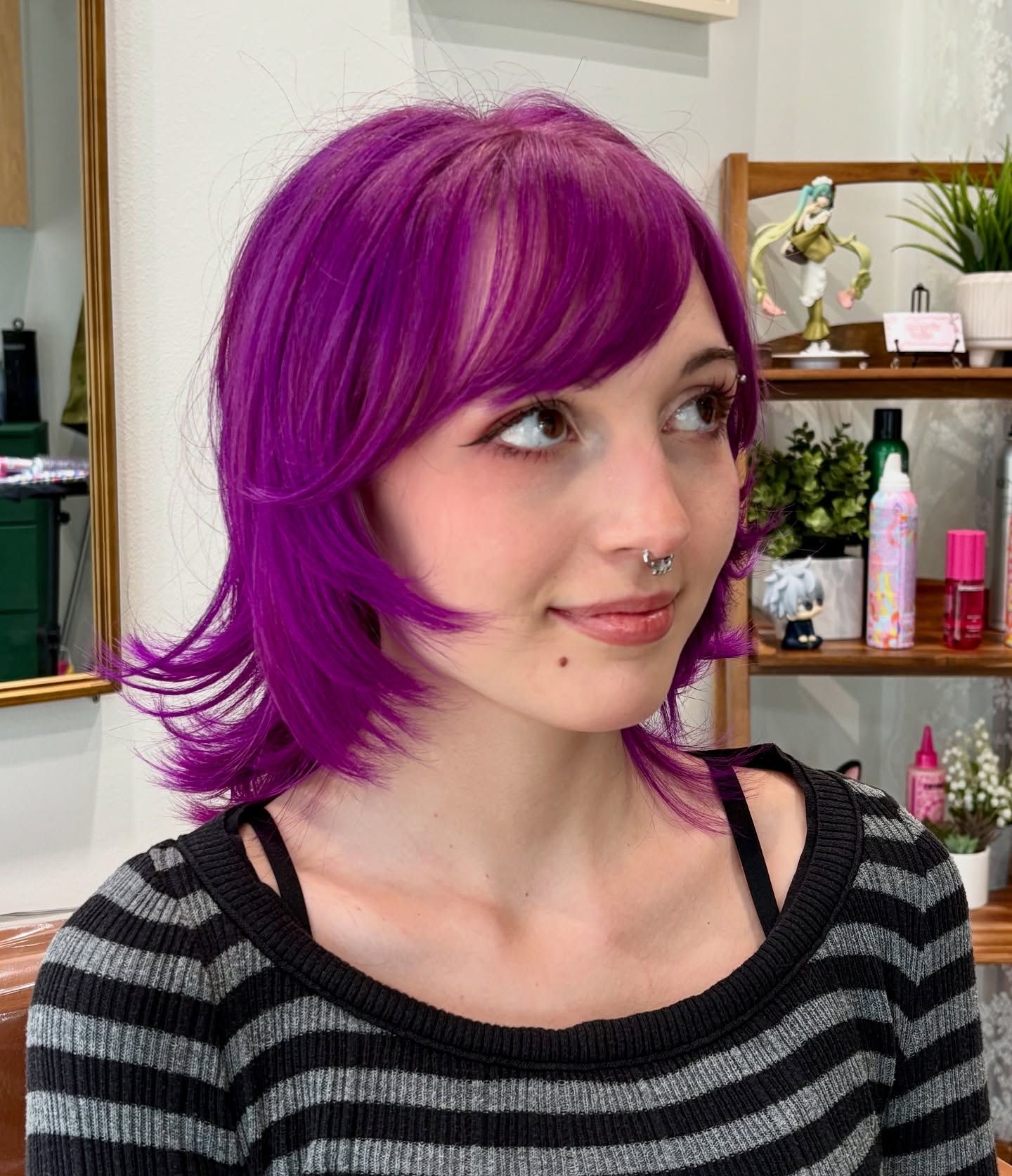 Vivid Plum Feathered Shaggy Bob with Flipped Ends