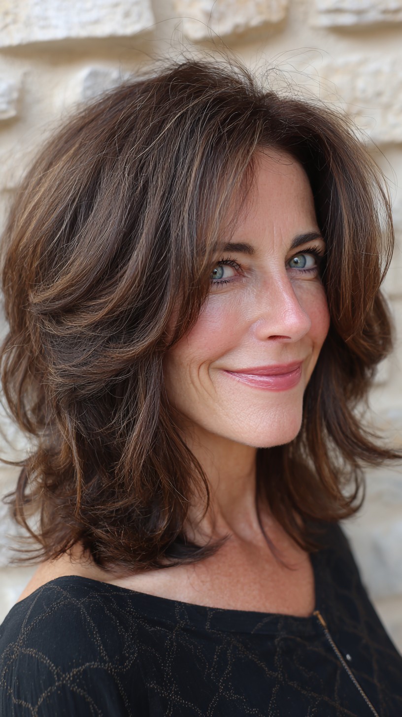 Voluminous Chestnut Shag with Face-Framing Curtain Layers