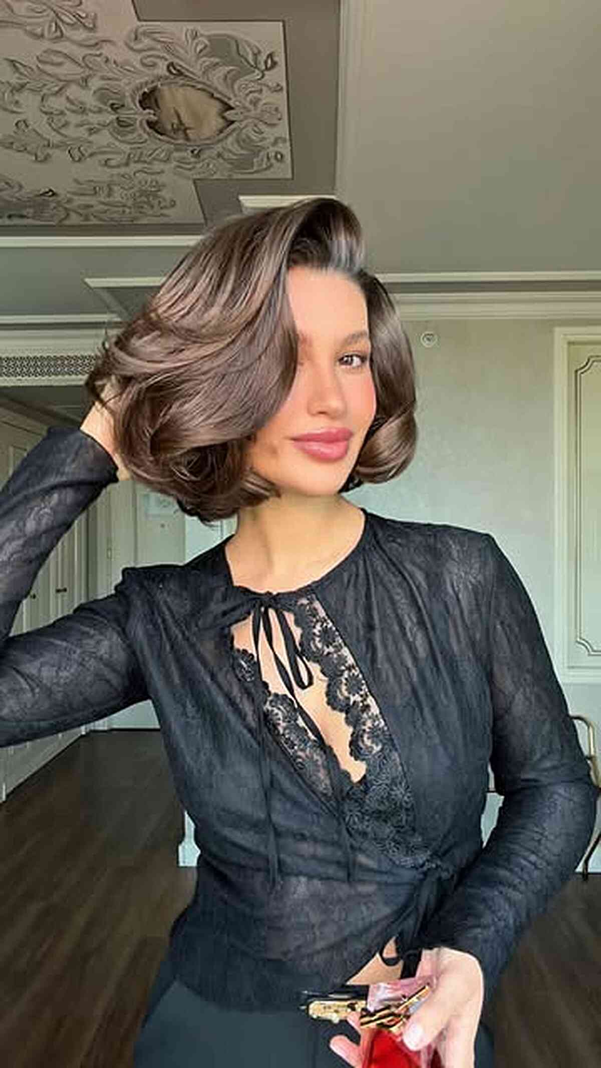 Voluminous Chocolate Side Swept Luxe Bob