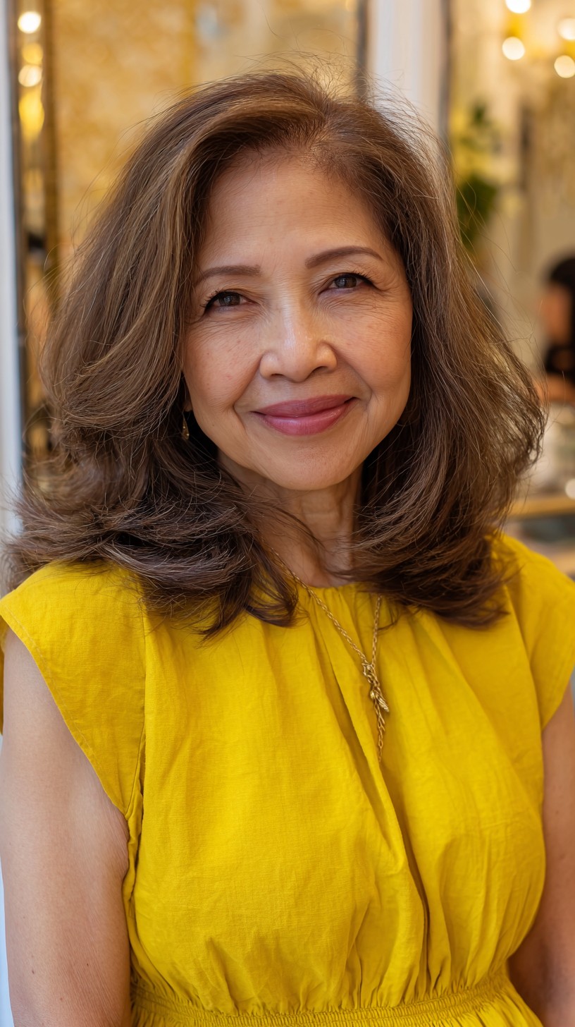Warm Ash-Brown Layered Shoulder-Length Blowout