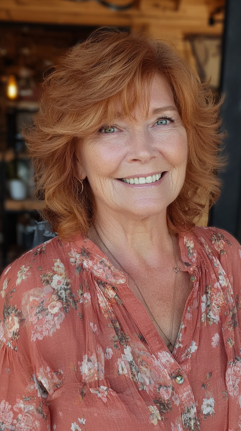 Warm Copper Feathered Shag with Side-Swept Micro-Bangs