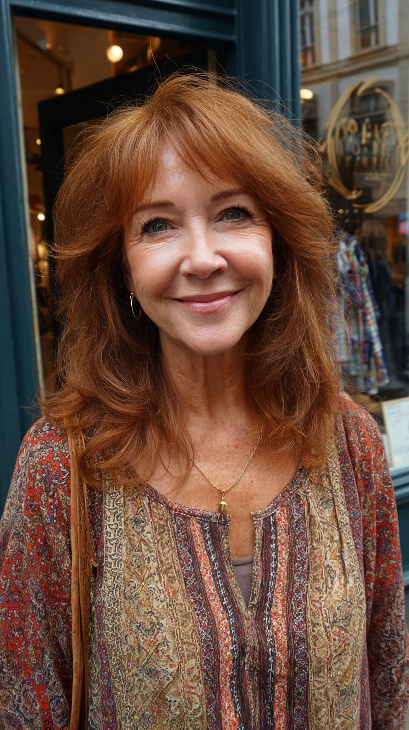 Warm Copper Shoulder-Length Layers with Feathered Fringe