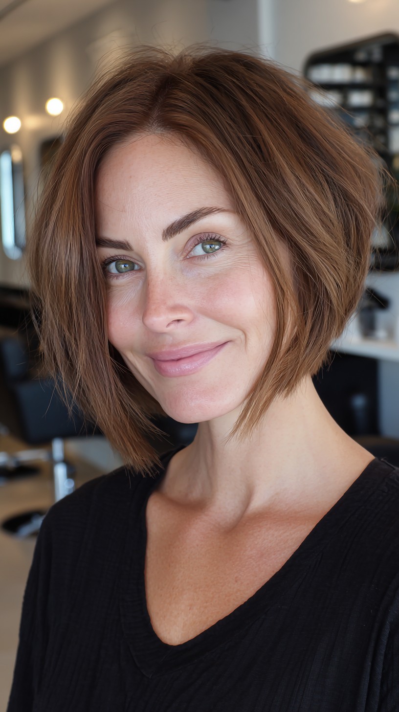 Angled Chestnut Textured Bob with Face-Framing Layers