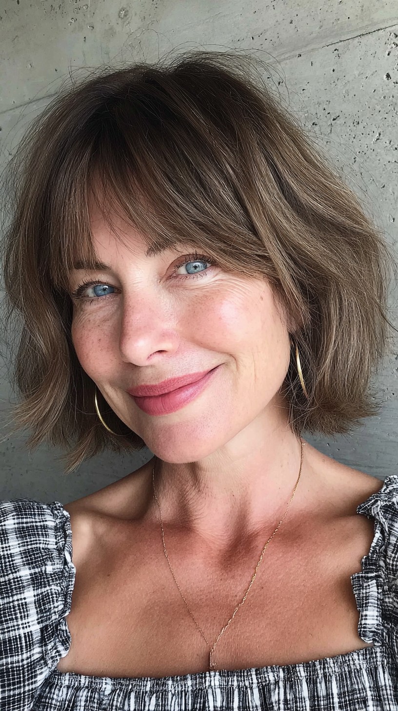Ash-Bronze Textured Chin-Length Bob with Feathered Micro-Fringe