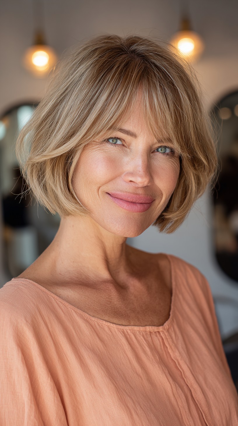 Beige Blonde Blended Bob with Interior Graduation and Curtain Bangs