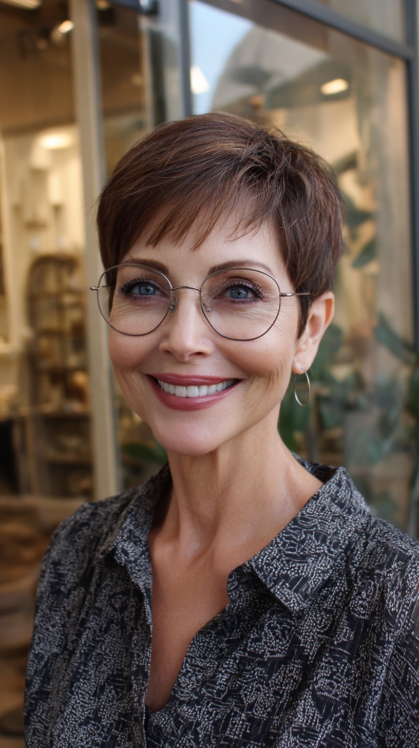 Brunette Glasses-Friendly Cropped Pixie with Graduated Crown