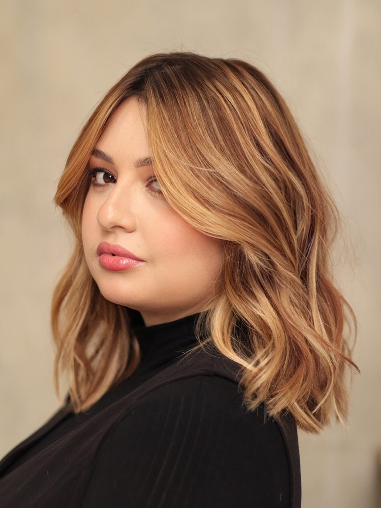 Caramel Balayage Mid-Lob with Soft Center-Part Curtain Fringe