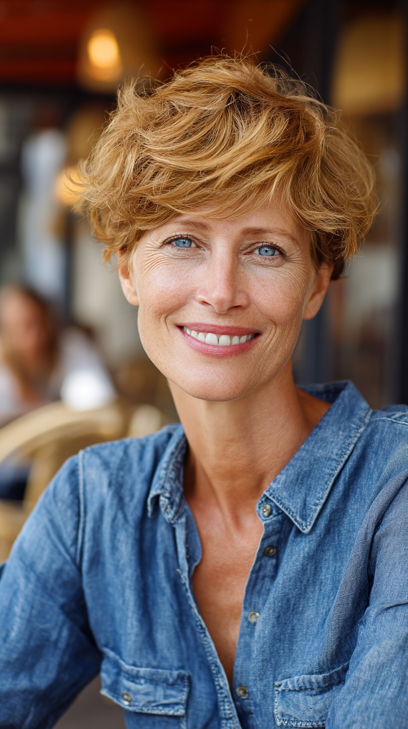 Caramel Layered Pixie Shag with Airy Side-Swept Fringe