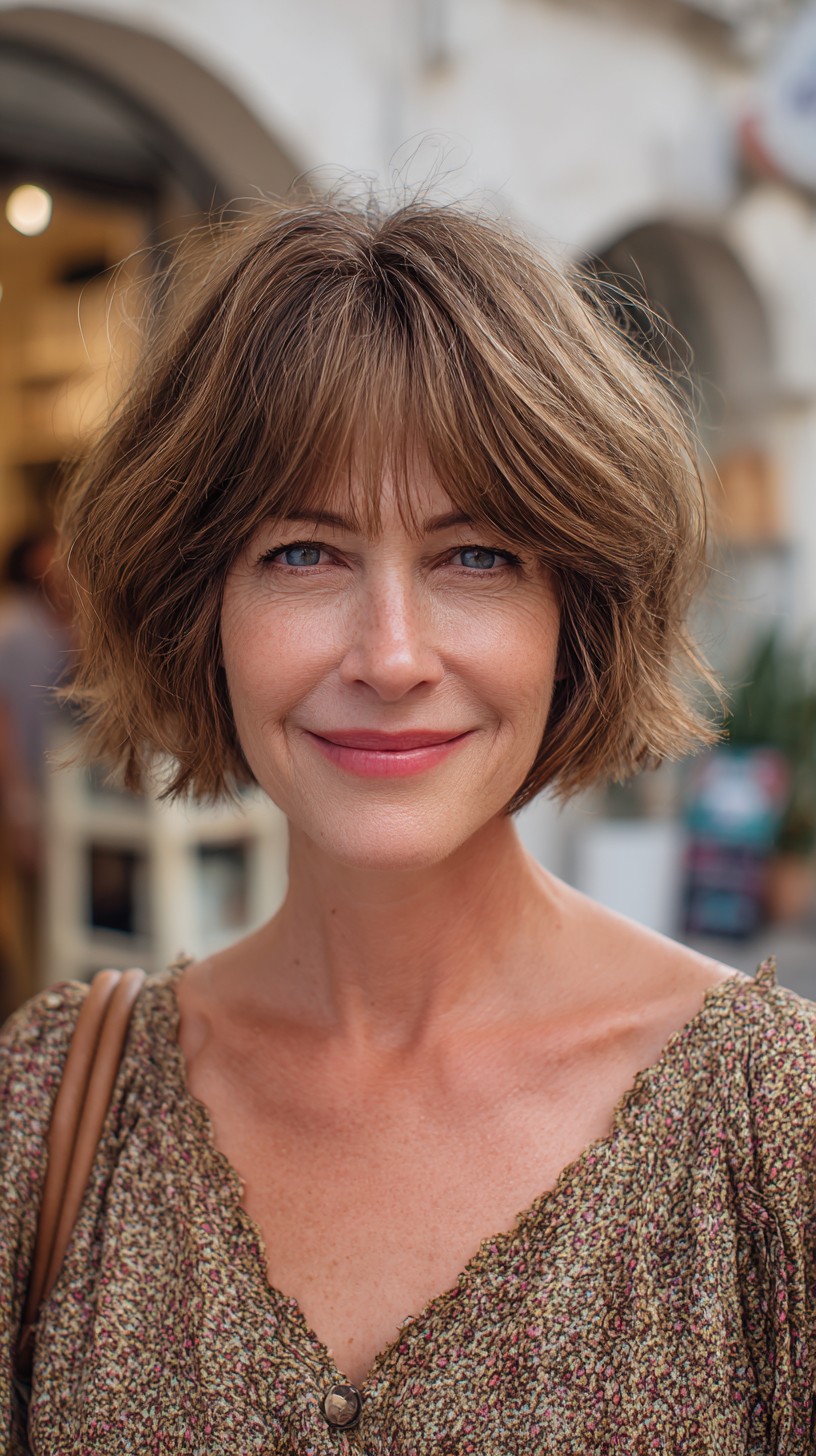 Chin-Length Bottleneck Bob with Feathered Interior Layers