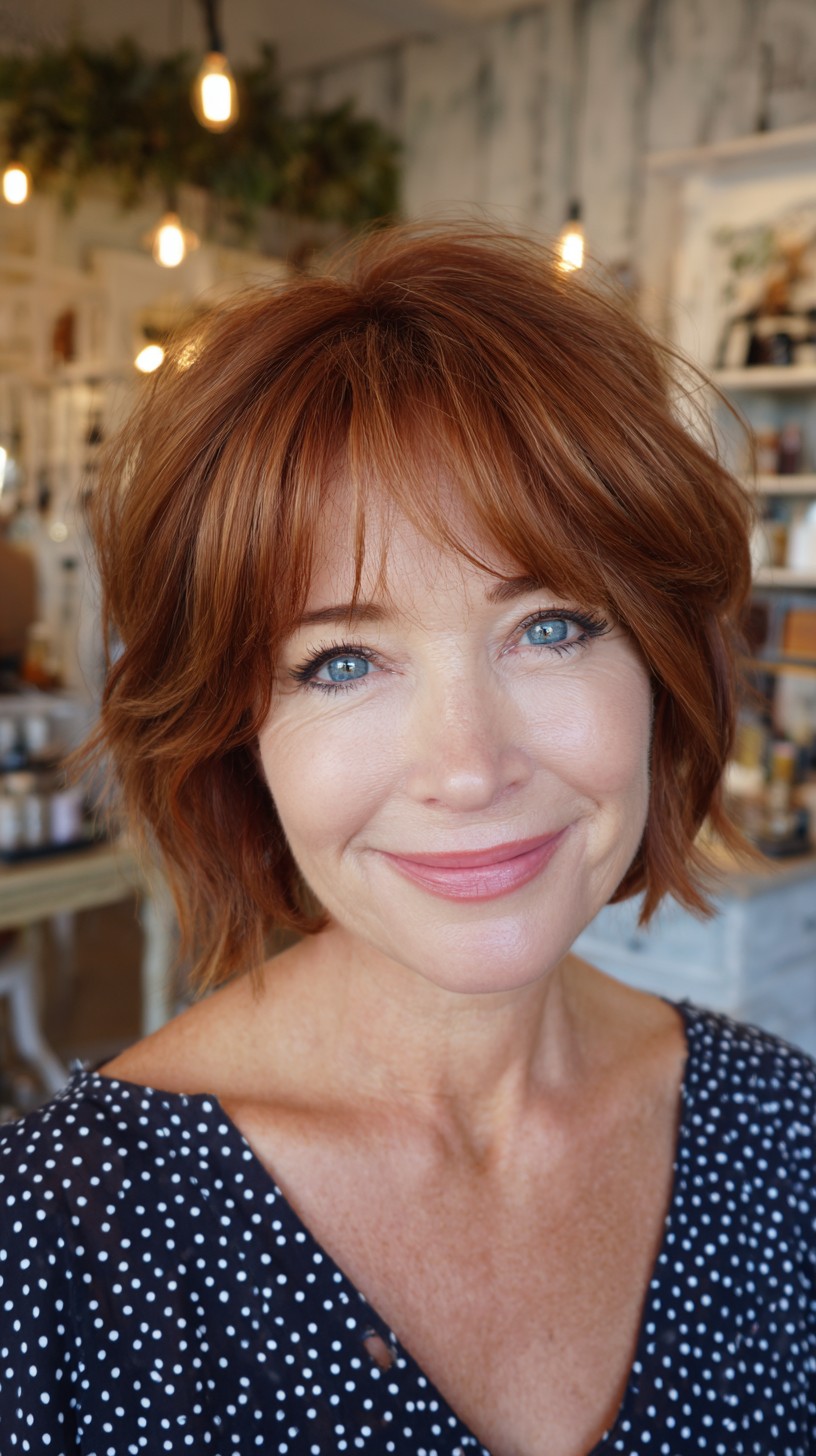 Chin-Length Copper Bob with Subtle Interior Stacking and Micro Curtain Fringe