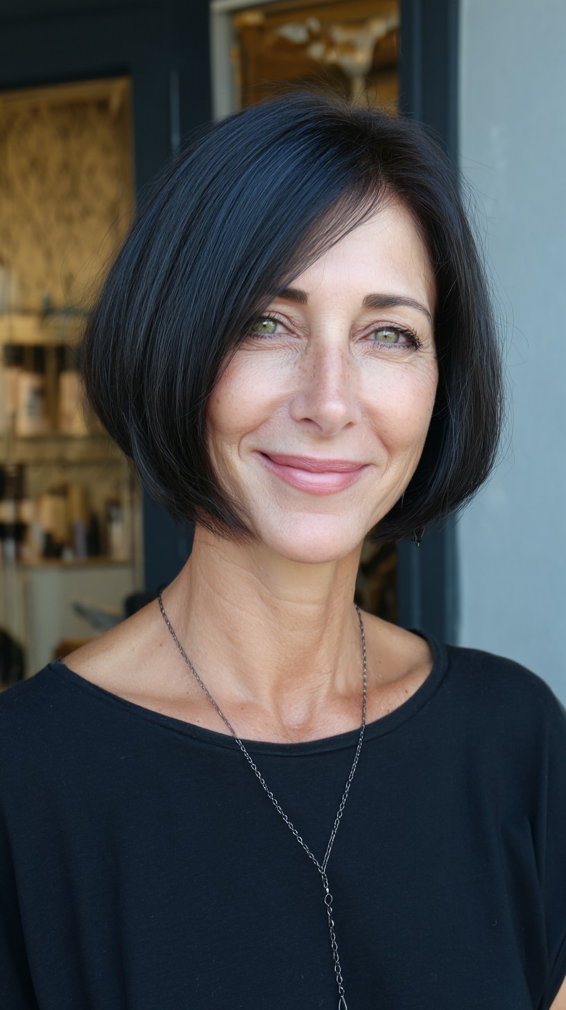 Chin-Length Sleek Bob with Soft Interior Stacking and Side Sweep