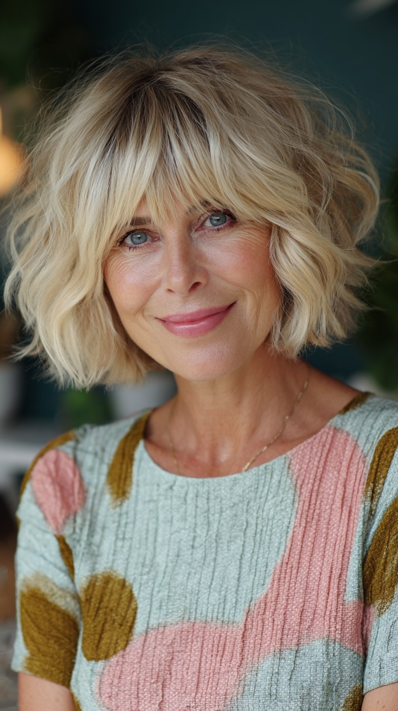 Chin-Length Textured Bob with Brow-Grazing Feathered Fringe