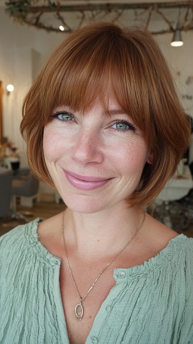 Copper Chin-Length Bob with Soft Micro-Fringe and Interior Stacking
