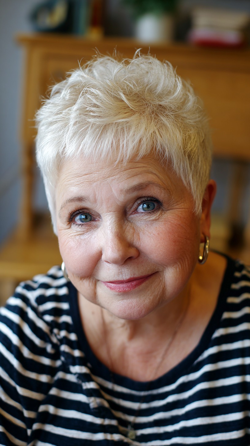 Crisp Platinum Textured Pixie with Micro-Bangs and Crown Lift