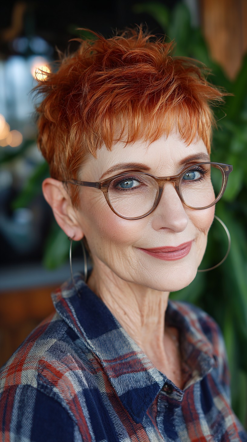 Cropped Copper Pixie with Piecey Crown and Short Glasses-Friendly Fringe