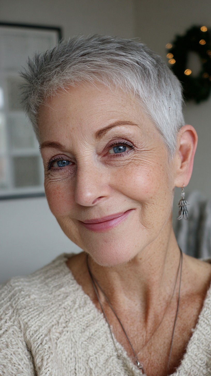 Cropped Silver Micro-Pixie with Feathered Top and Tapered Sides