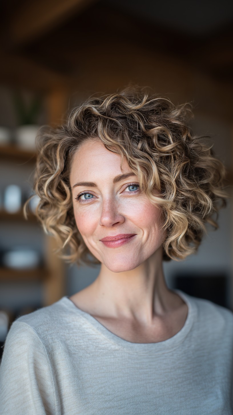 Curly Chin-Length Layered Bob with Face-Framing Ringlets