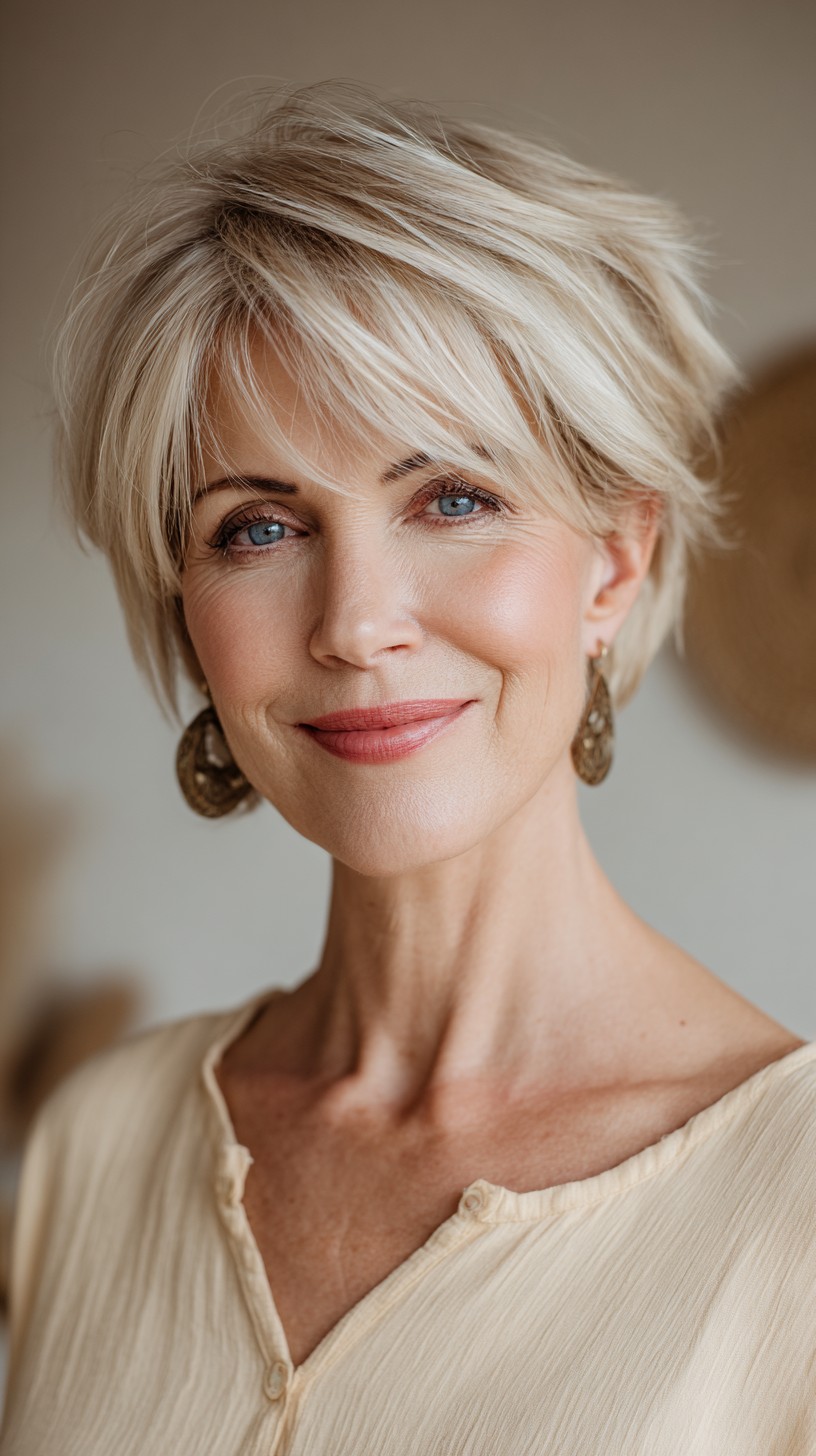 Feathered Ash-Blonde Stacked Pixie with Side-Swept Micro-Fringe