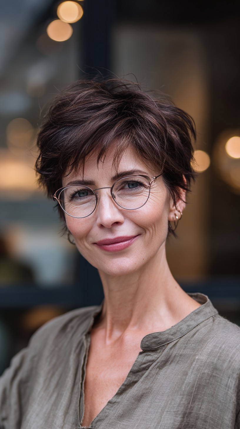 Feathered Chestnut Pixie with Glasses-Tailored Temple Tabs