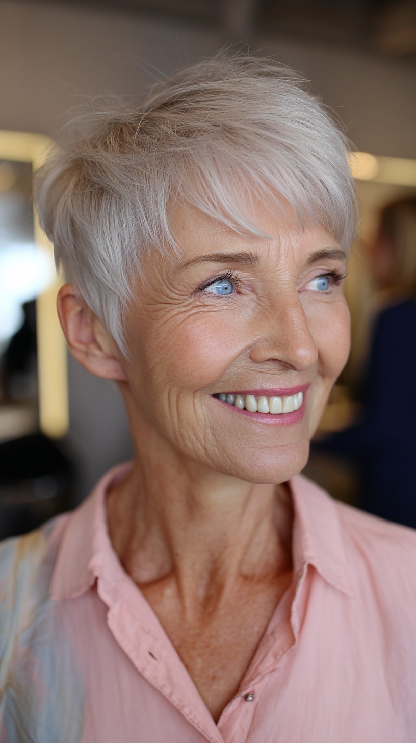 Feathered Silver Pixie with Lifted Crown and Side-Swept Micro-Bang