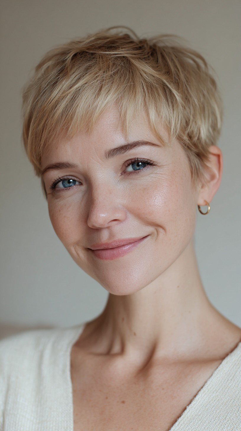 Light Blonde Razored Pixie with Feathered Micro-Fringe