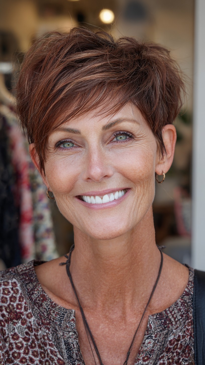 Lightly-Razorred Chestnut Pixie Shag with Lifted Crown