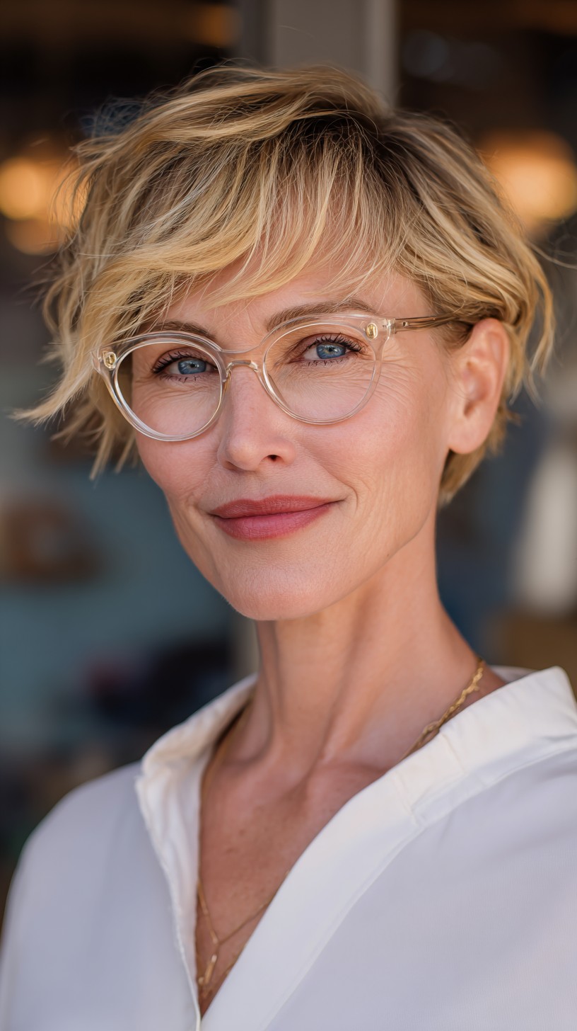 Piecey Blonde Textured Pixie with Clear-Frame Friendly Fringe
