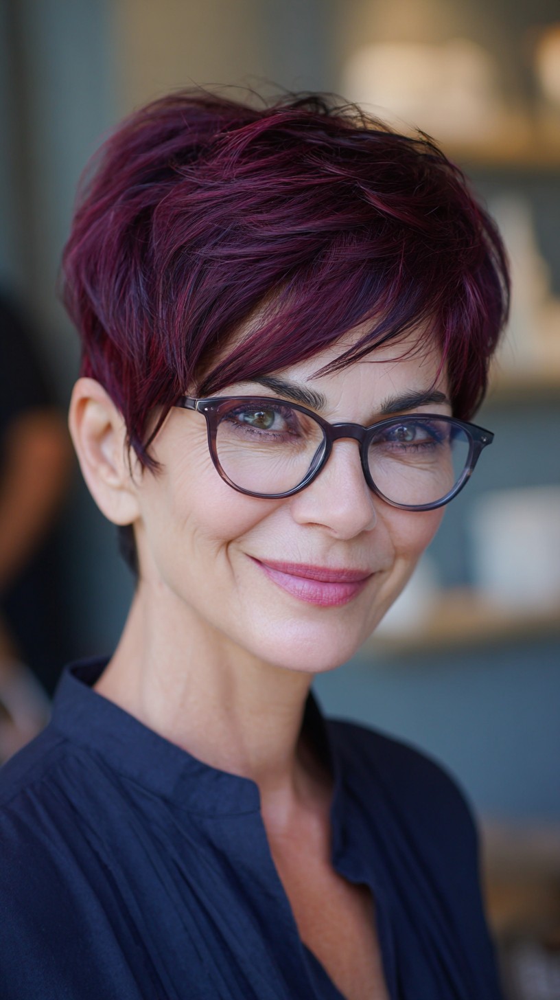 Plum Pixie with Feathered Side Fringe and Tapered Nape