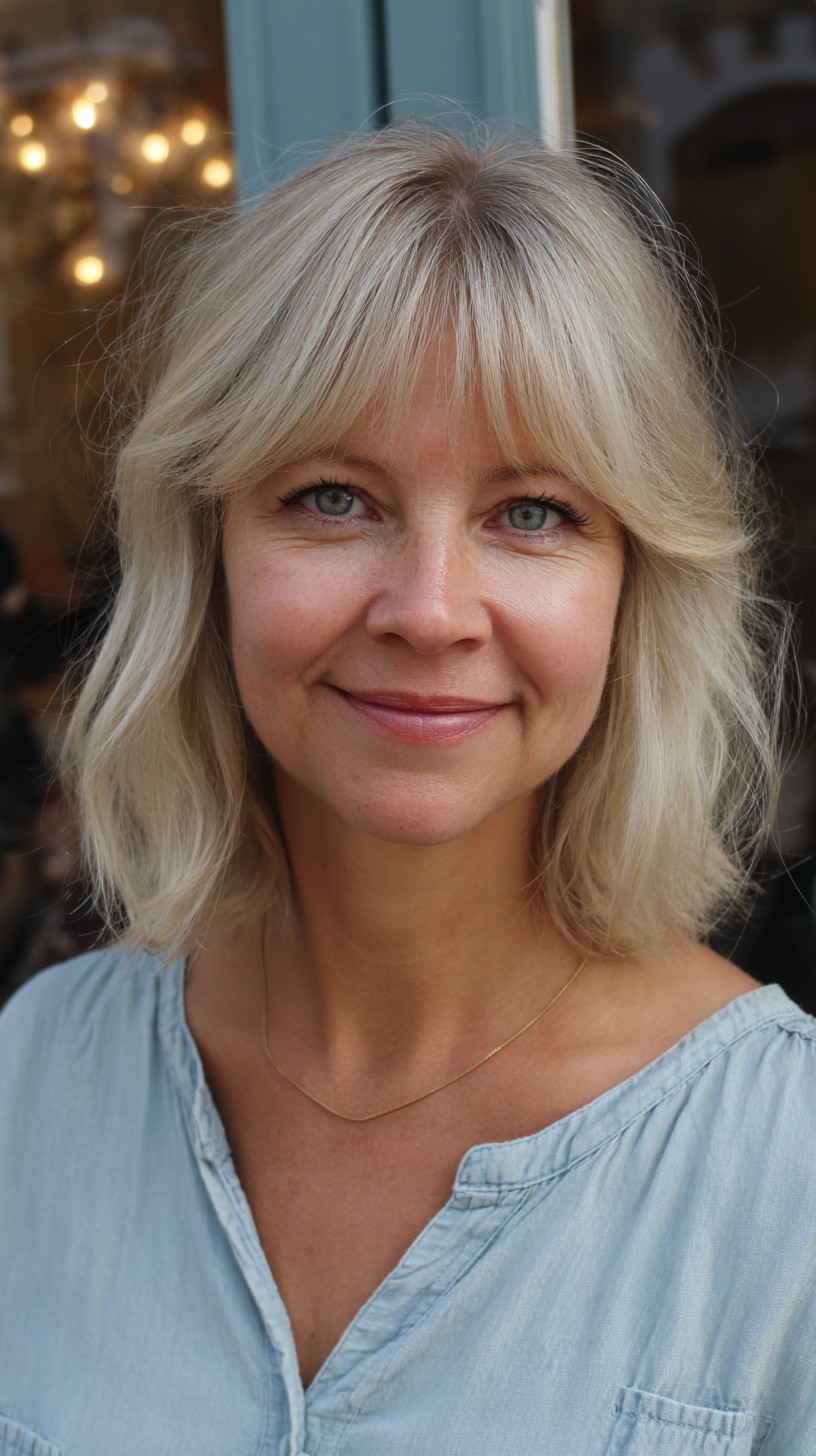 Relaxed Shoulder-Length Bottleneck Bob with Center-Parted Micro-Bangs