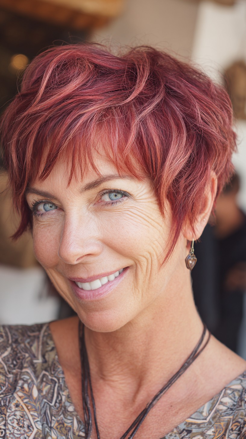 Rosy Red Pixie Shag with Face-Framing Rose‑Gold Babylights