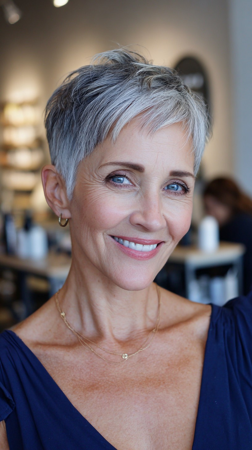 Salt-and-Pepper Textured Micro Pixie with Subtle Face-Brightening Fringe