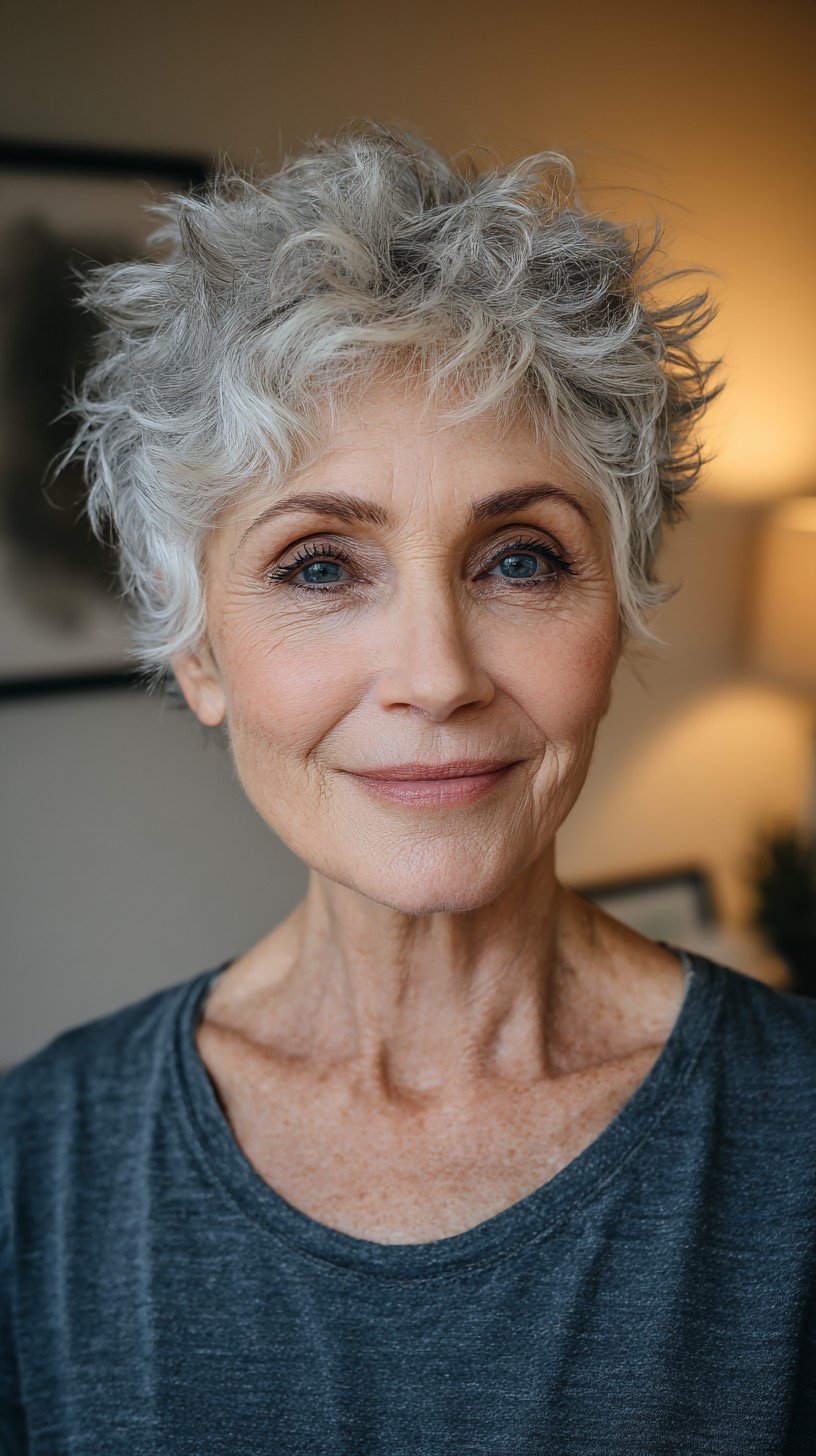 Salt-and-Pepper Textured Pixie with Airy Crown